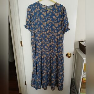 Pretty Garden, Floral Blue, And Beige Dress, L